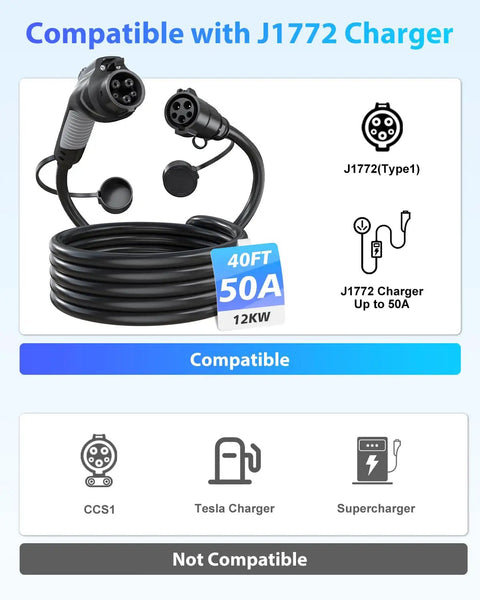 Heavy Duty J1772 Extension Cable 40Ft 50A Electric Vehicle Charging Cord with J1772 connector shown, ideal for easy charging.