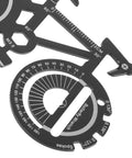 Close-up of Compact Bicycle Shaped Multitool Keychain Made Of Stainless Steel, showing spoke wrench and angle markings.