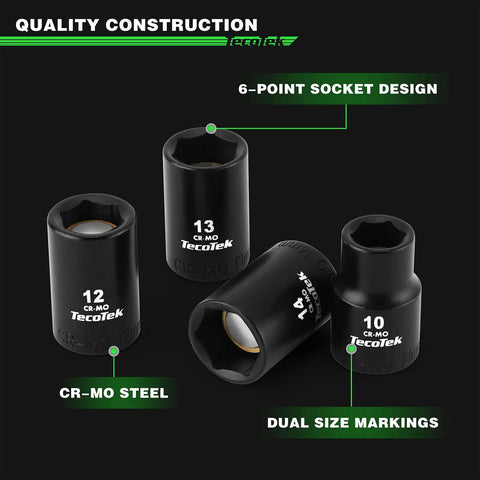 Shallow Magnetic Impact Socket Set For Three Eighths Inch Drive, 16 Piece, CRMO Steel with 6-point design and size markings.