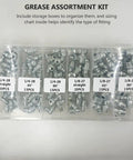 Super Tough Grease Nipple Assortment Kit With 260 Galvanized Iron Fittings In M6 M8 M10 Metric And Imperial Sizes Including 90 Deg And 45 Deg Angled Straight Nozzles Perfect For Heavy Duty Jobs Anywhere You Go. plastic case with 1/4-28 and 1/8-27 straight, 45°, 90° grease fittings