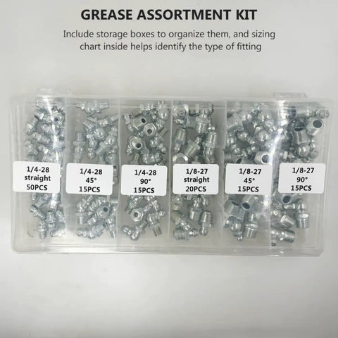 Super Tough Grease Nipple Assortment Kit With 260 Galvanized Iron Fittings In M6 M8 M10 Metric And Imperial Sizes Including 90 Deg And 45 Deg Angled Straight Nozzles Perfect For Heavy Duty Jobs Anywhere You Go. plastic case with 1/4-28 and 1/8-27 straight, 45°, 90° grease fittings