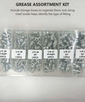 Top Tier WOFASHPURET 260 Piece Hydraulic Grease Fitting Kit With 90 And 45 Degree And Straight Galvanized Iron Nipples For Auto Bearings Mech Assemblies And Car Maintenance In Durable Storage Box, labeled 1/4-28 and 1/8-27