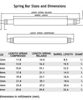 Diagram of spring bar sizes and dimensions for Spring Bar Tool Kit With 32 Heavy Duty 316L Stainless Steel Watch Band Pins