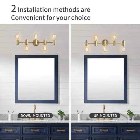 Two installation options for Five Light Vanity Fixture In Dope Gold Finish Over Mirror Modern Wall Sconces For Bedroom And Living Room E26 Base 28 Inch Long 4.7 Inch High 5.1 Inch Extension Bulbs Not Included shown above mirrors.