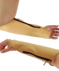 Tough As Nails Genuine Cowhide Leather Arm Sleeves With Extended Elbow Guards, snug tan sleeves with zipper for biker and daily wear.