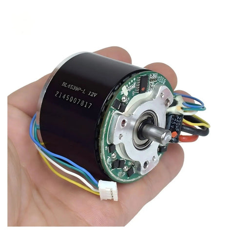 Cool 12V Brushless Motor With Big Neodymium Mag For Industrial Or DIY Work held in hand, showing wiring and sealed build.
