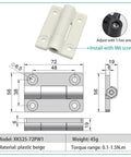 Two Pack Folding Door Hinge Set With Serious Damping And No Fuss Install Adjustable Stop Torque Buffer And Positioning For Cabinets Or Closets 72x56x19mm White Plastic Hinge Pre Drilled Countersunk Holes diagram showing dimensions and installation details.