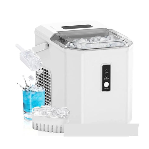 Portable Ice Maker Cranking Out Twenty Six Pounds Daily Produces Nine Bullet Cubes In Six Flat Minutes with ice in view.