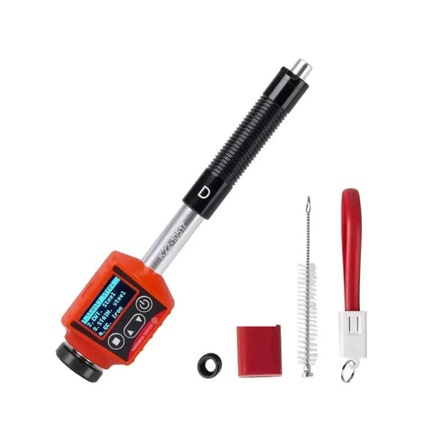 Heavy Duty Six In One Metal Hardness Tester For Tool Steel Stainless Cast Iron Copper Zinc And Aluminum With Dead On Accuracy and Rugged Build, handheld with display and accessories.