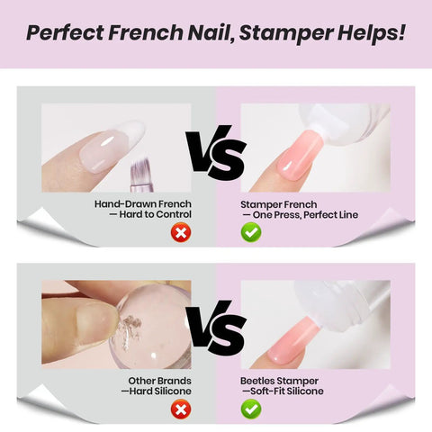 Comparison of hand-drawn vs stamper French tips using French Tip Gel Polish Peach Mousse 15ml Kit With French Tip Stamp, HEMA-Free.