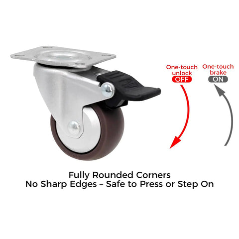 Dead Silent TPR Rubber Swivel Casters With Parking Brake Lock showing one-touch brake system and rounded edge design.