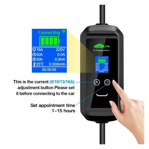 Heavy Duty Portable EV Charger Delivering Smooth Juice To Your Rig With Type Two Connector showing LED display and adjustment button.