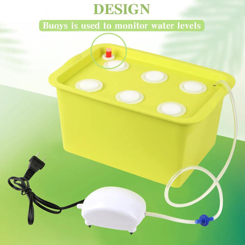 Indoor Hydroponics Grow Kit Self Watering System with buoy and air pump, green planting box and baskets.