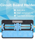 Dual Slot PCB Soldering Holder and Circuit Board Clamp Stand with blue anti-skid features on heat resistant steel fixture