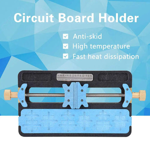 Dual Slot PCB Soldering Holder and Circuit Board Clamp Stand with blue anti-skid features on heat resistant steel fixture