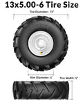 Heavy Duty Thirteen By Five Inch Rear Tine Tiller Tire And Wheel Set Four Ply Puncture Resistant Construction Three Quarter Inch Axle Bore Replacement For Garden Tiller And Farm Equipment Easy Bolt On Install Two Pack, front view with tire size details.