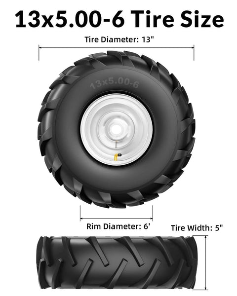 Heavy Duty Thirteen By Five Inch Rear Tine Tiller Tire And Wheel Set Four Ply Puncture Resistant Construction Three Quarter Inch Axle Bore Replacement For Garden Tiller And Farm Equipment Easy Bolt On Install Two Pack, front view with tire size details.