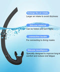 Silicone Snorkel For Diving And Snorkeling With Flexible Foldable Tube Pro Grade For Divers Fishing Underwater Hockey And Scuba Enthusiasts Enlarged Diameter For Smoother Breathing Durable Black Design in water illustration.