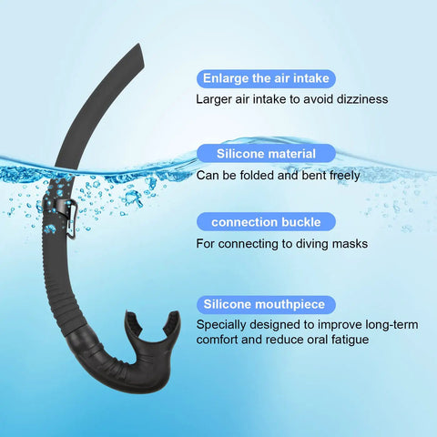 Silicone Snorkel For Diving And Snorkeling With Flexible Foldable Tube Pro Grade For Divers Fishing Underwater Hockey And Scuba Enthusiasts Enlarged Diameter For Smoother Breathing Durable Black Design in water illustration.