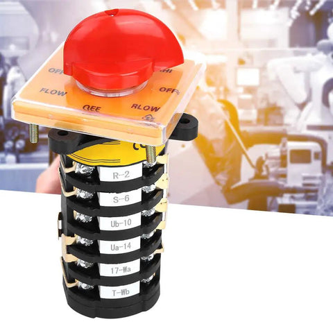 Workhorse Eight Position Rotary Cam Switch for Milling Machines with red handle, panel-mount design, 25A 500V for quick changeovers