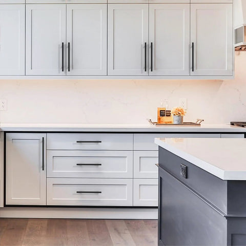 Modern kitchen with Matte Black Solid Cabinet Pulls 5 Inch 128mm Hole Centers Pack Of 10 Kitchen Handles Hardware ZH0070 on cabinets.