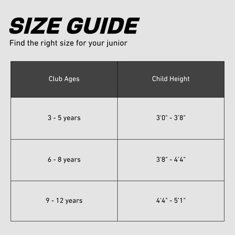 Size guide chart for junior golf clubs, showing ages 3-12 and corresponding heights for X7 Junior Kids Golf Set Right Handed With Driver Hybrid Irons Putter Stand Bag.