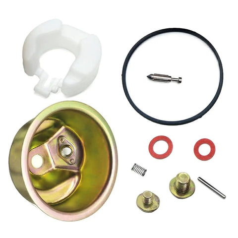 GX120 GX160 GX200 Carburetor Rebuild Kit With Chamber Float Bowl Gasket Needle Valve Spring Pin Screws And Washers Replacement Kit Built With Pro Grade Durable Aluminum Stainless Steel And Rubber Parts For Easy No Fuss Plug And Play Tuning, parts laid out on white