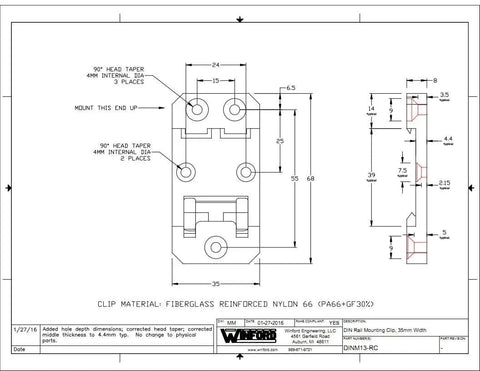 Technical drawing of DIN Rail Mounting Brackets 35mm x 68mm Black RoHS Compliant 10 Pack Durable Clips For Standard 35mm DIN Rails Mounting Devices In Enclosures And Control Panels