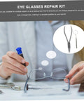 Close-up of Stainless Steel Eyeglass Repair Pliers With Nose Pad Tool 2 Piece Glasses Maintenance Kit for quick adjustments.