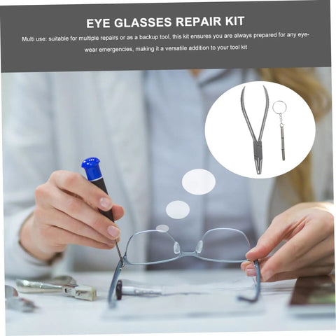 Close-up of Stainless Steel Eyeglass Repair Pliers With Nose Pad Tool 2 Piece Glasses Maintenance Kit for quick adjustments.