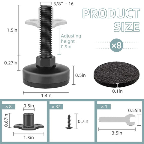 Heavy Duty 8 Pack 3/8-16 Threaded Furniture Levelers With Adjustable Feet product dimensions and components including T-nuts and hardware