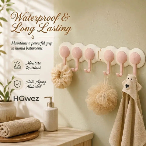 Super Slick Punch Free Wall Hook Rack With 180 Degree Swivel Design And Six Sturdy Hooks For Dead Simple Corner Storage That Rotates Smooth As Butter Without Drilling mounted in a bathroom.