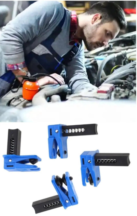 Mechanic using Universal Brake Line Clamp Kit For Most Cars, 4 Piece Set Auto Brake Line Plug Tool, no spill oil safe, blue clamps