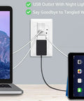 Super Handy Wall Outlet With Night Light Attached, 15 Amp USB Receptacle Featuring Auto Sensor LED Cover Plate, 4.2A Fast Charging Ports in use with laptop and tablet.