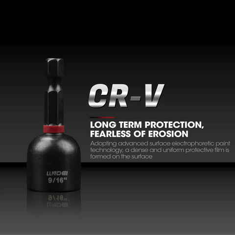 Magnetic Impact Nut Driver Set For Pros, 55 Piece SAE And Metric Kit, deep driver bit close-up with CR-V erosion protection