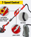 Drywall Sander Workhorse 750W With 800 To 1750 RPM Variable Speed Foldable Sheetrock Design with telescoping handle and dust collection bag.