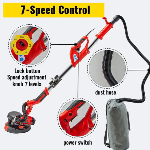 Drywall Sander Workhorse 750W With 800 To 1750 RPM Variable Speed Foldable Sheetrock Design with telescoping handle and dust collection bag.