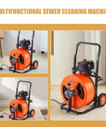 Electric Sewer Auger Auto Feed Knocks Out Clogs In Minutes with orange drum and black frame, featuring pneumatic foot pedal and wheels.