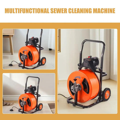 Electric Sewer Auger Auto Feed Knocks Out Clogs In Minutes with orange drum and black frame, featuring pneumatic foot pedal and wheels.