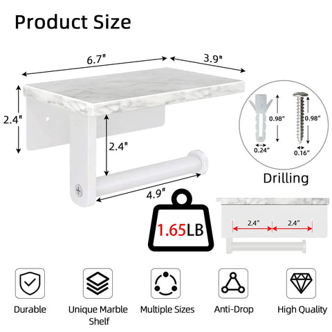 Toilet Paper Holder With Marble Shelf And 304 Stainless Steel Wall Mount For Bathroom White Sleek Modern Look dimensions