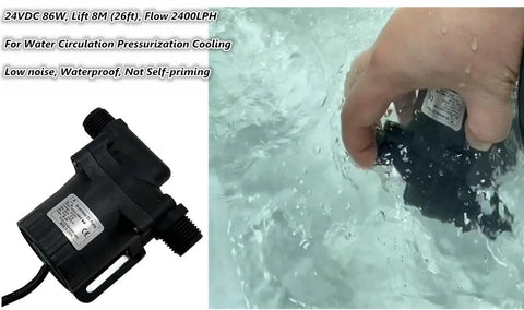 24V Micro Brushless DC Water Circulation Pump Runs Buttery Smooth And Dead Quiet Adjustable Speed Control Heavy Duty Build For Hydroponics Cooling Garden Irrigation And Pressure Setups Delivers 634 Gph Up To 26 Ft Lift Zero Hassle Installation submerged in water being held by a hand.