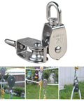2 Pcs 304 Stainless Steel M20 Silver Single Pulley Block For Wire Rope Hanging And Towing Wheel 20mm Wheel Diameter 8mm Groove Width 13mm Eye Diameter 73mm Total Height 62g Each Maximum 75kg Load Rustproof Durable Wear Resistant shown in different use scenarios.