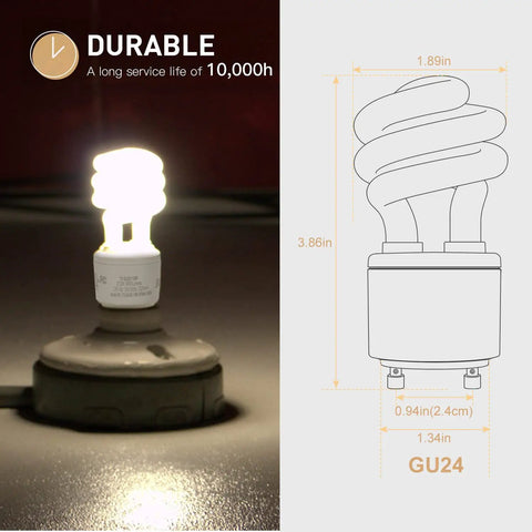 UL Listed GU24 CFL Light Bulbs, T3 13W 2700K Warm White, 900 Lumen Spiral CFL with dimensions and lifespan details on display.