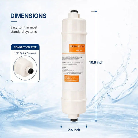 Pack Of Three 10 Inch Inline Resin Filters With Quarter Inch Quick Connect shown with dimensions for easy installation in plumbing.