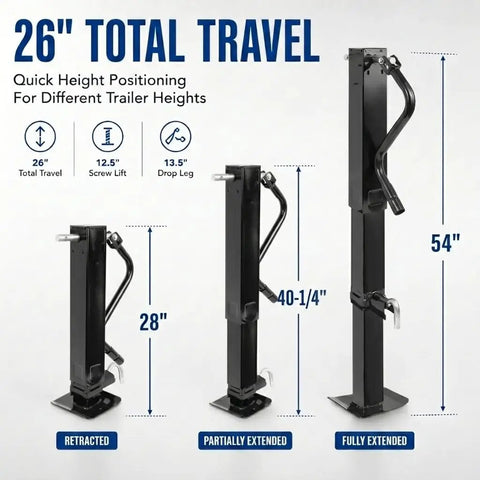Heavy Duty Weld On Trailer Jack For Utility Trailers With 12000 Lbs Hold and Heavy Hitter 4 Inch Square Tube Frame height adjustment views.
