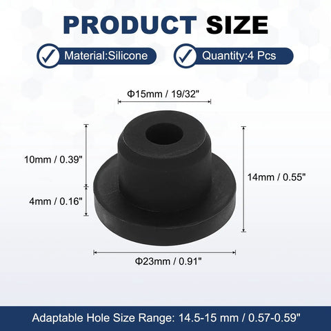 Four Pack T Shaped Silicone Plugs 15.3mm Snap In Hole Seals For 14.5 To 15mm Holes Waterproof, size and dimensions.