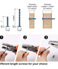 Different length screws with measuring guide, showing 11/32 and 1-29/64 inch screws for wood thickness options.