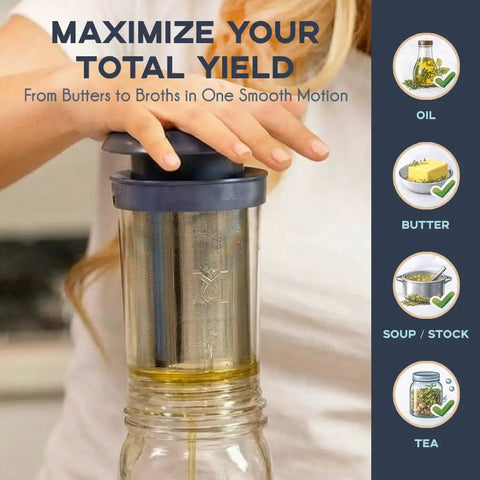 BPA-Free Reusable Oil And Butter Filter Press With Plunger And Brush in use, straining oil into a wide-mouth jar, 75-micron stainless mesh