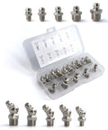 Beefed Up 20 Piece Grease Fittings Kit With SAE And Metric Zerk Fittings Straight And 45 Degree Angles For Grease Gun Nickel Plated Iron