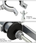 Close-up of 360 Degree Bench Clamp Vise Grinder Holder parts including gripper and rubber pad with specified dimensions.